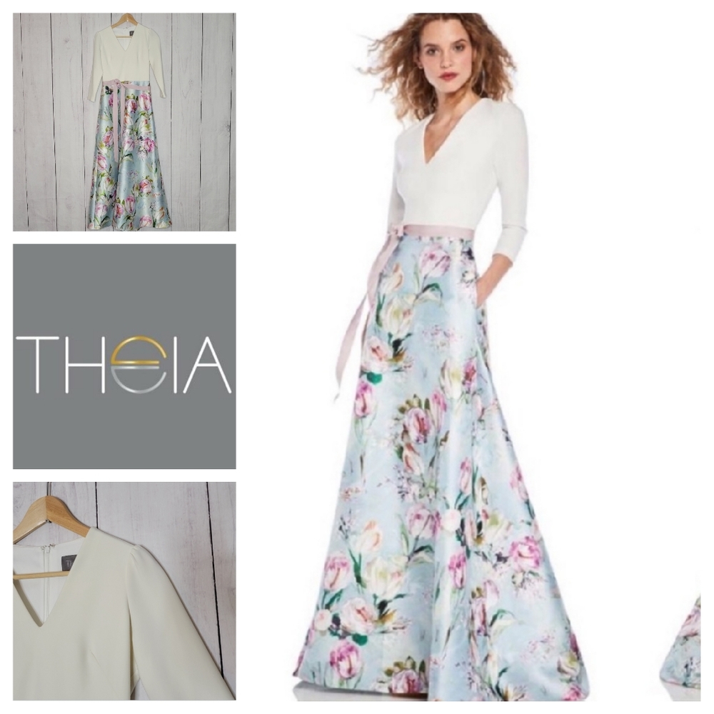 Theia V Neck Floral Skirt Gown